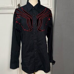 Vintage De Niko black red embroidered velvet wings western pearl snaps shirt